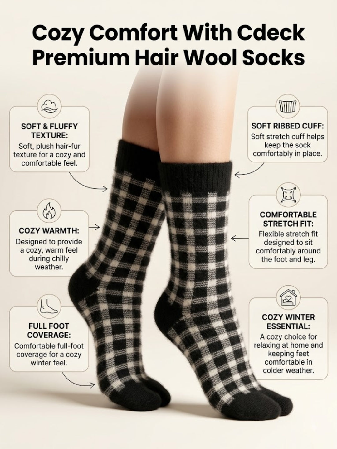 Cdeck Women’s Premium Rabbit Hair Wool Split-Toe Warm Winter Socks | Free Size | Black