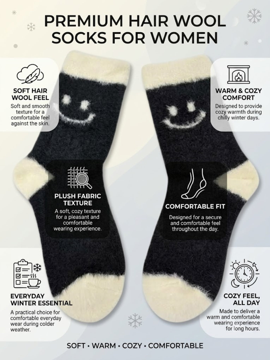 Cdeck Women’s Wool Socks | Soft & Warm Woolen Winter Socks | Free Size | Black