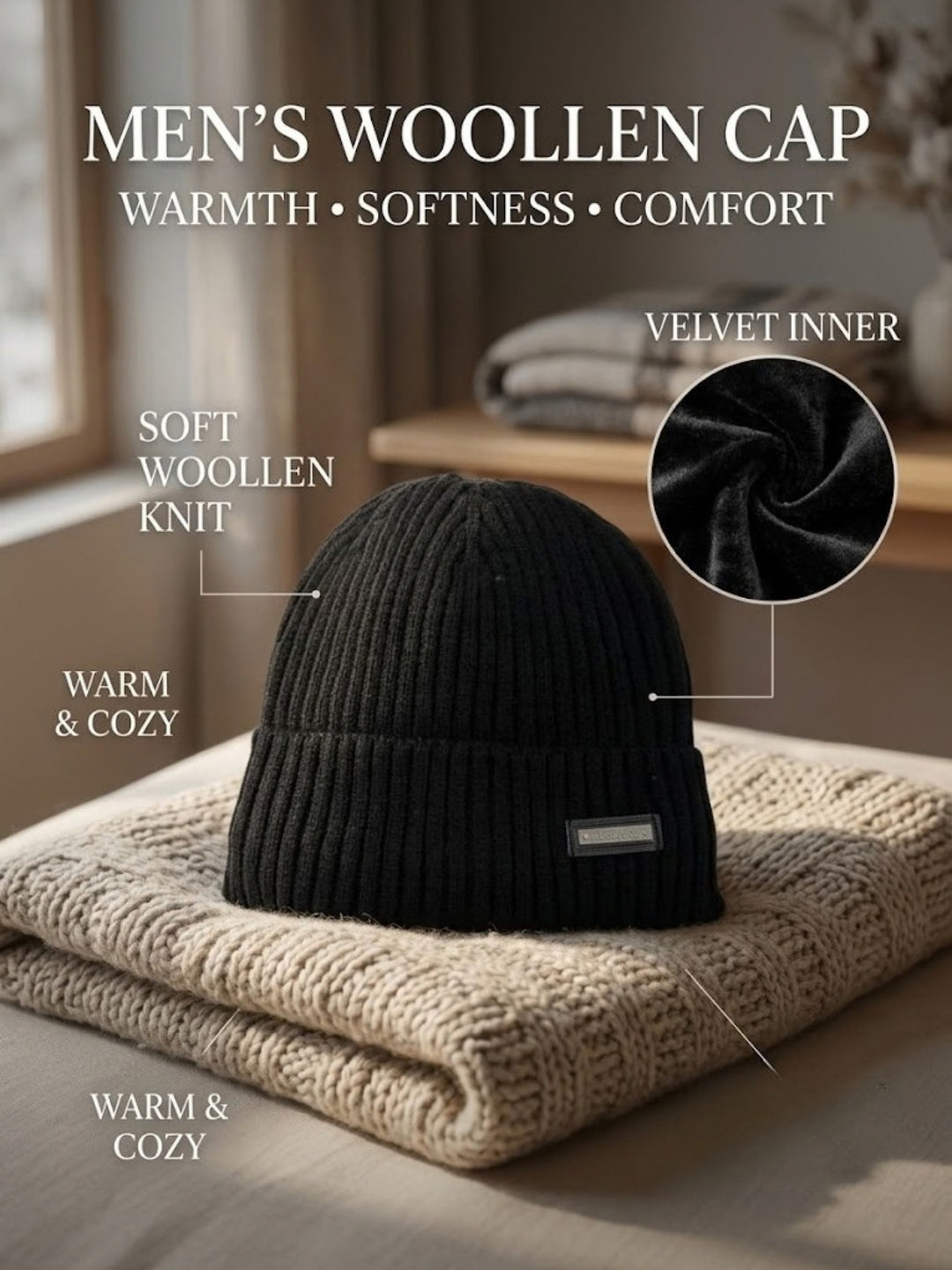 Cdeck Men’s Woolen Winter Cap | Soft, Warm & Comfortable Cap for Everyday Wear | Free Size | Black