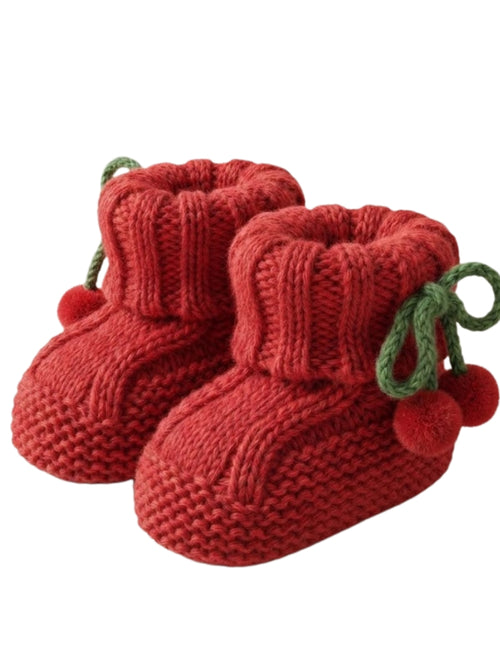 Cdeck Baby Wool Booties with Cherry Pom-Pom Design | Soft Knitted Baby Shoes | Cute Red Booties for Babies 0–9 Months