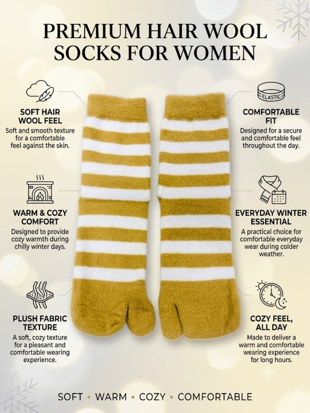Cdeck Premium Hair Wool Socks for Women | Warm & Comfortable | Free Size | Mustard White Striped