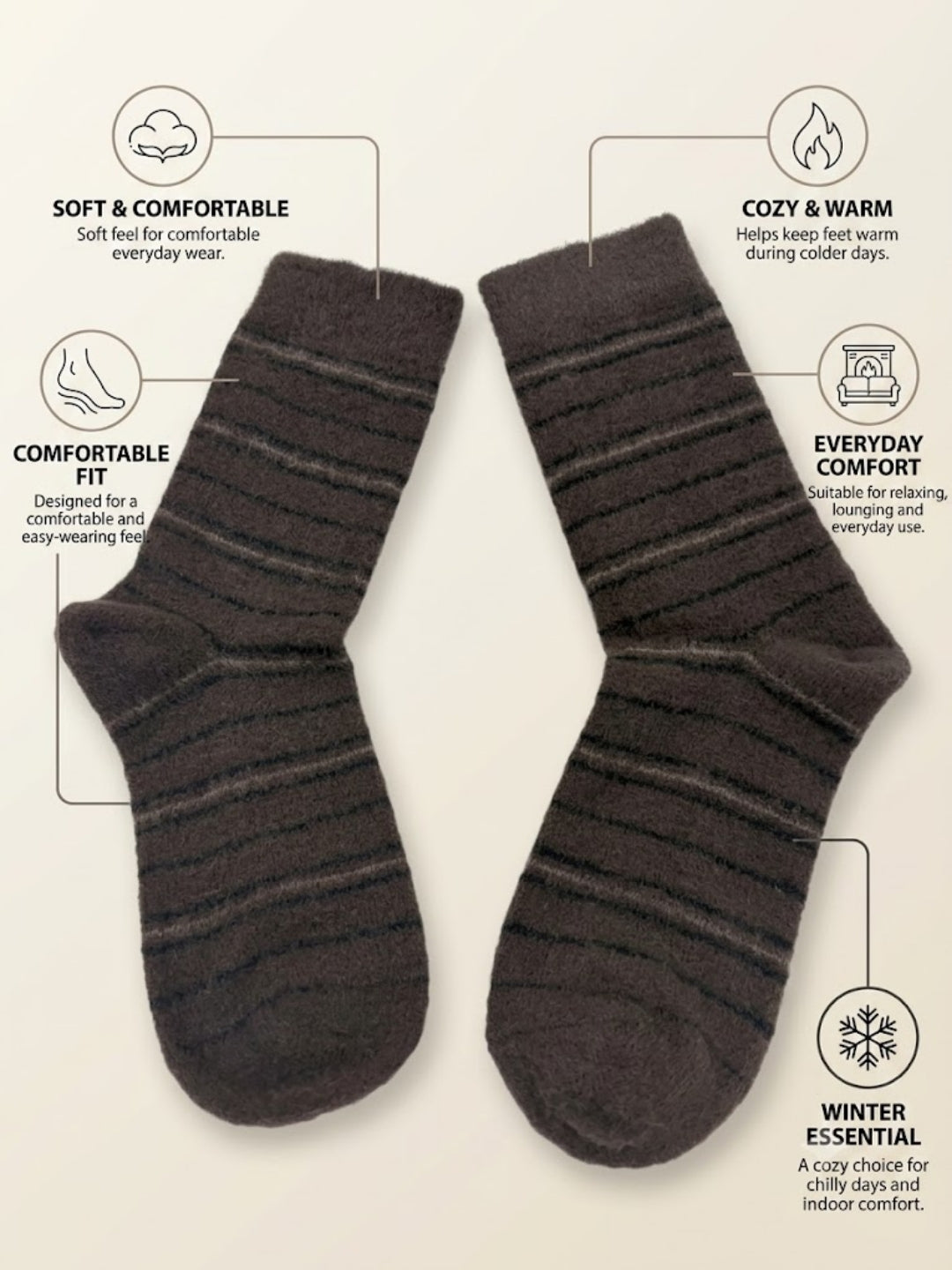 Cdeck Men’s Premium Hair Wool Winter Socks | Single Pair | Soft, Fuzzy, Warm & Comfortable | Brown Striped