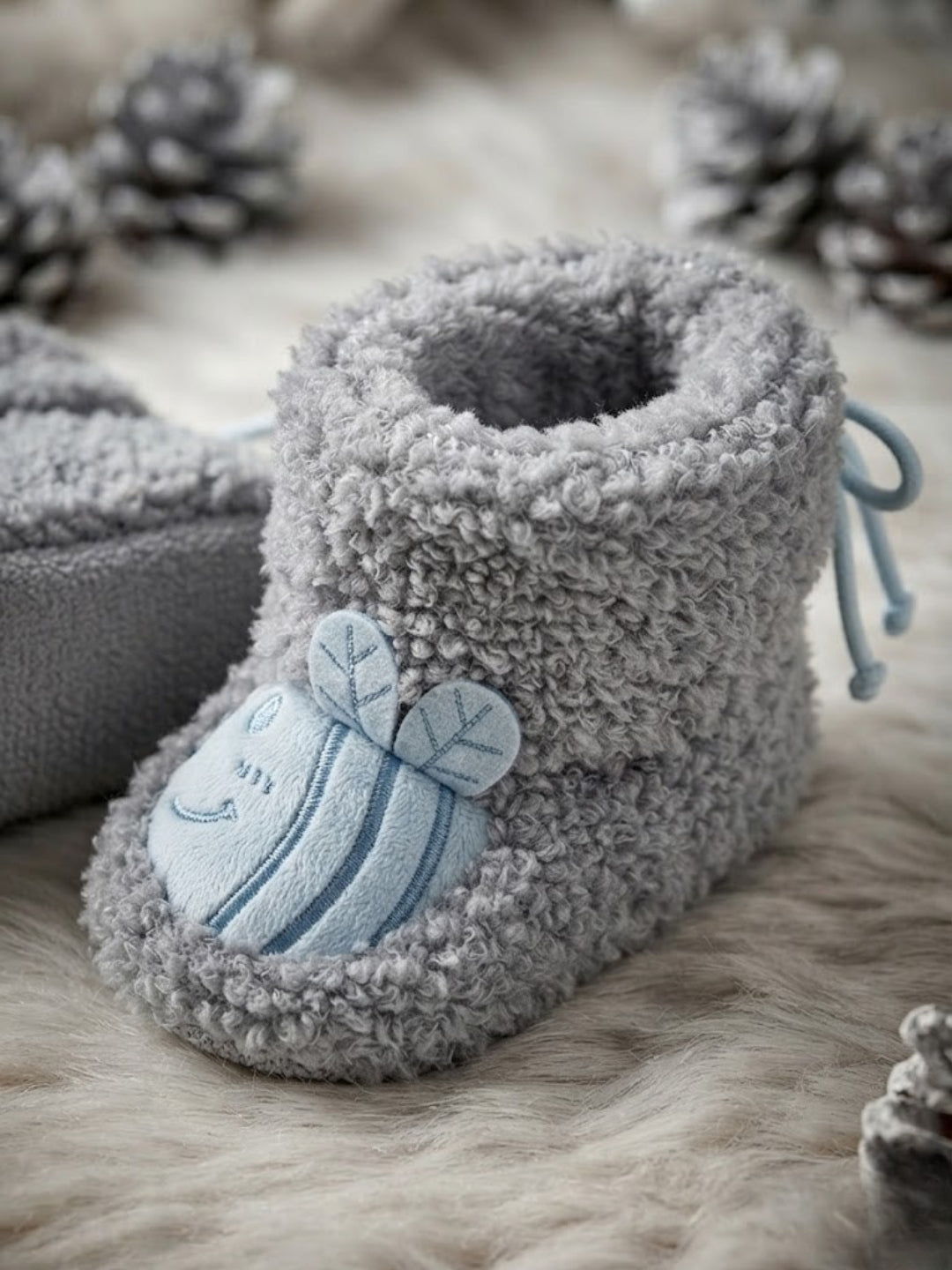Cdeck Baby Wool Booties | Soft Warm Fleece Baby Shoes | Cute Grey Booties for Babies 3–9 Months
