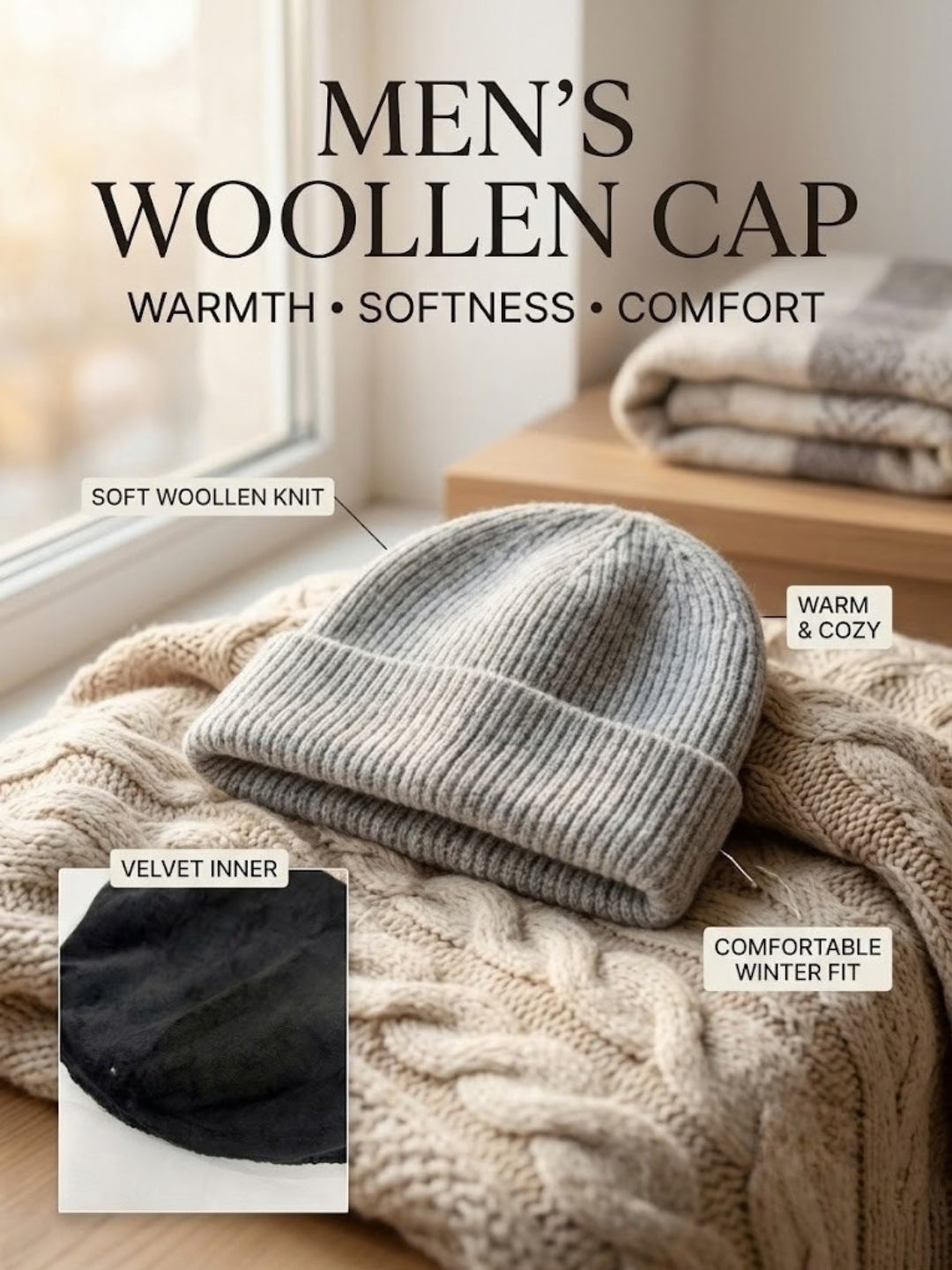 Cdeck Men’s Woolen Winter Cap | Soft, Warm & Comfortable Cap for Everyday Wear | Free Size | Grey