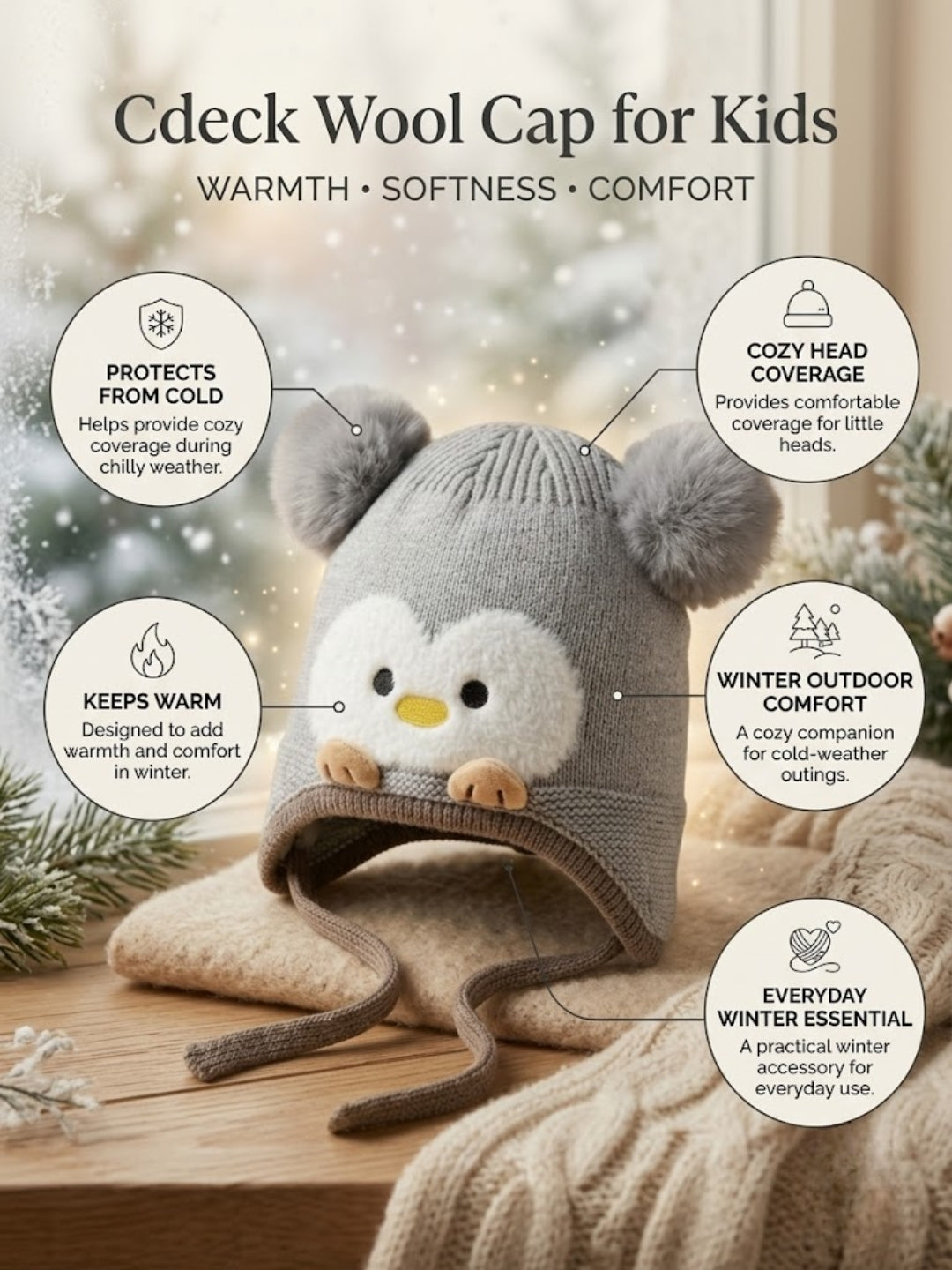 Cdeck Kids Woolen Winter Cap for Boys & Girls | Warm & Comfortable Winter Wear | 2–4 Years |Grey