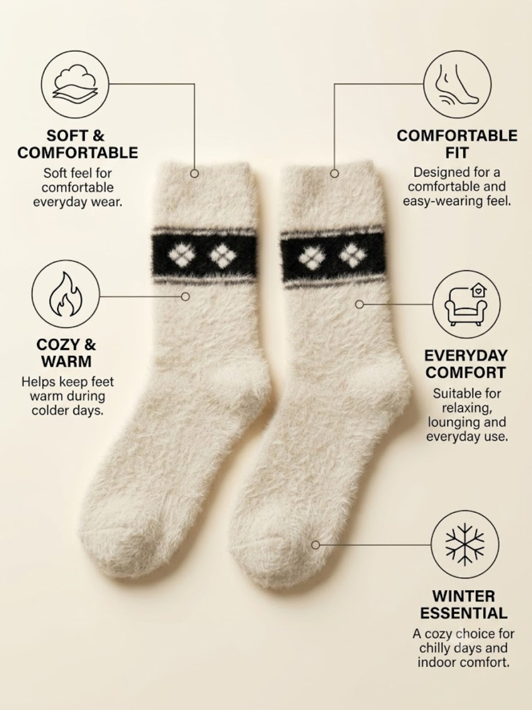 Cdeck Men’s Premium Fuzzy Wool Winter Socks | Soft, Warm & Comfortable | Stretchable Free Size | Cream