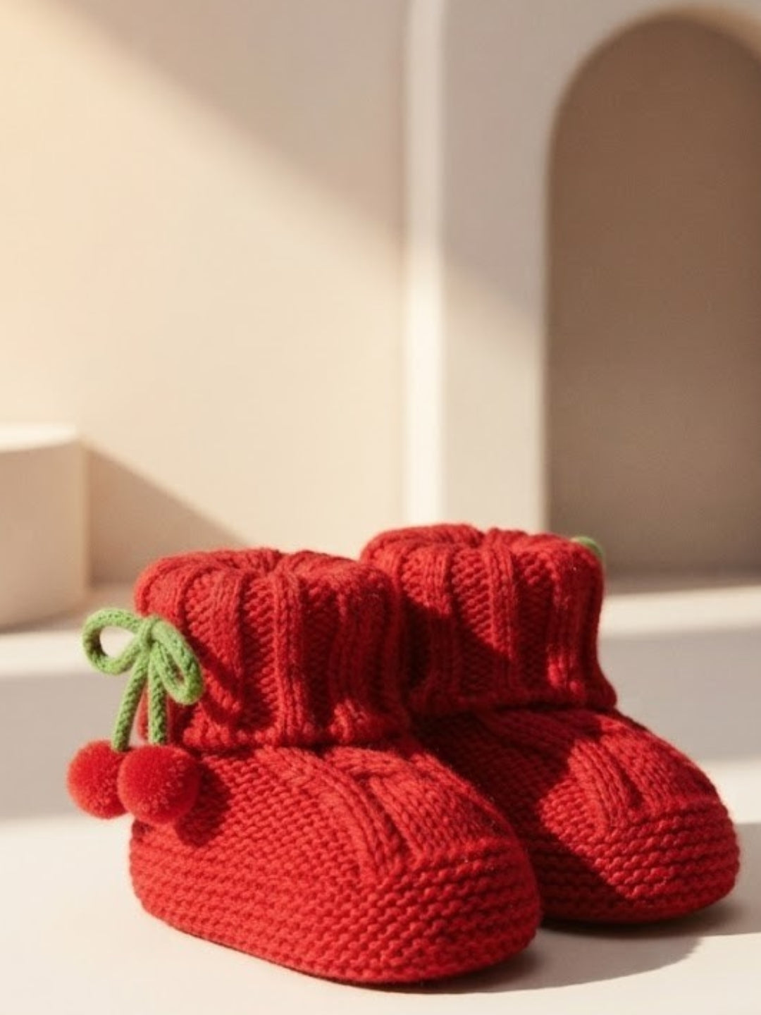 Cdeck Baby Wool Booties with Cherry Pom-Pom Design | Soft Knitted Baby Shoes | Cute Red Booties for Babies 0–9 Months