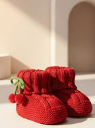 Cdeck Baby Wool Booties with Cherry Pom-Pom Design | Soft Knitted Baby Shoes | Cute Red Booties for Babies 0–9 Months