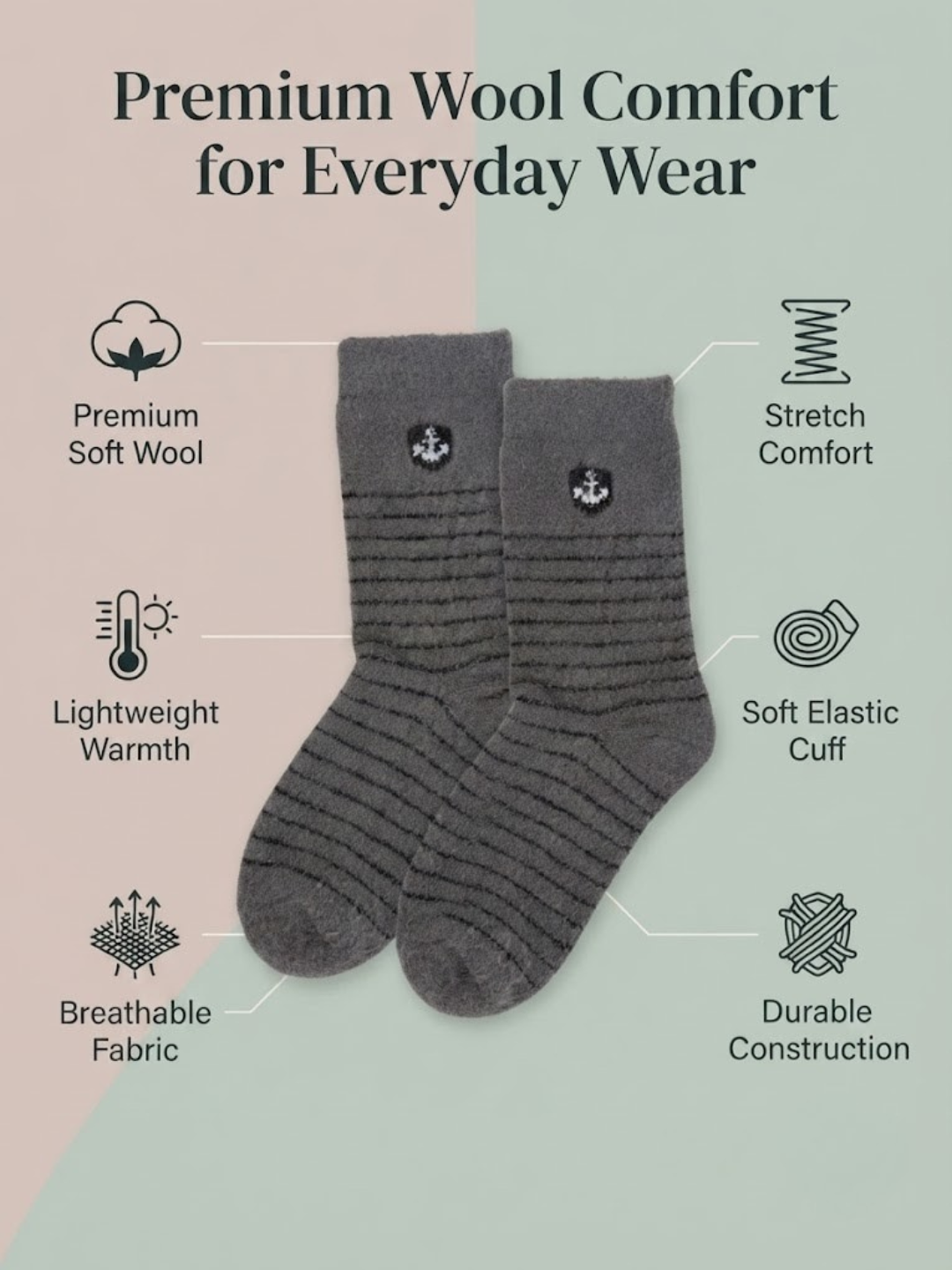 Cdeck Men’s Soft Wool Socks | Charcoal Grey Ribbed Warm Winter Socks