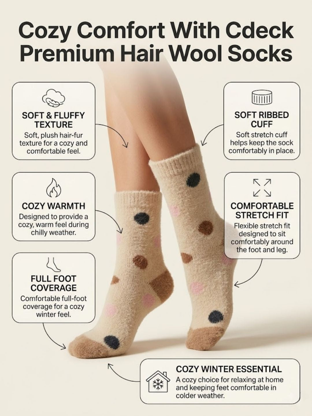 Cdeck Women’s Premium Hair Wool Fuzzy Socks | Soft & Warm Thick Winter Socks | Brown & Cream