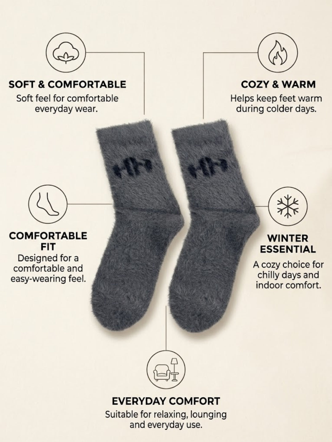 Cdeck Men’s Hair Wool Winter Socks | Single Pair | Soft, Warm, Fuzzy & Stretchable | Comfortable Daily Wear | Grey