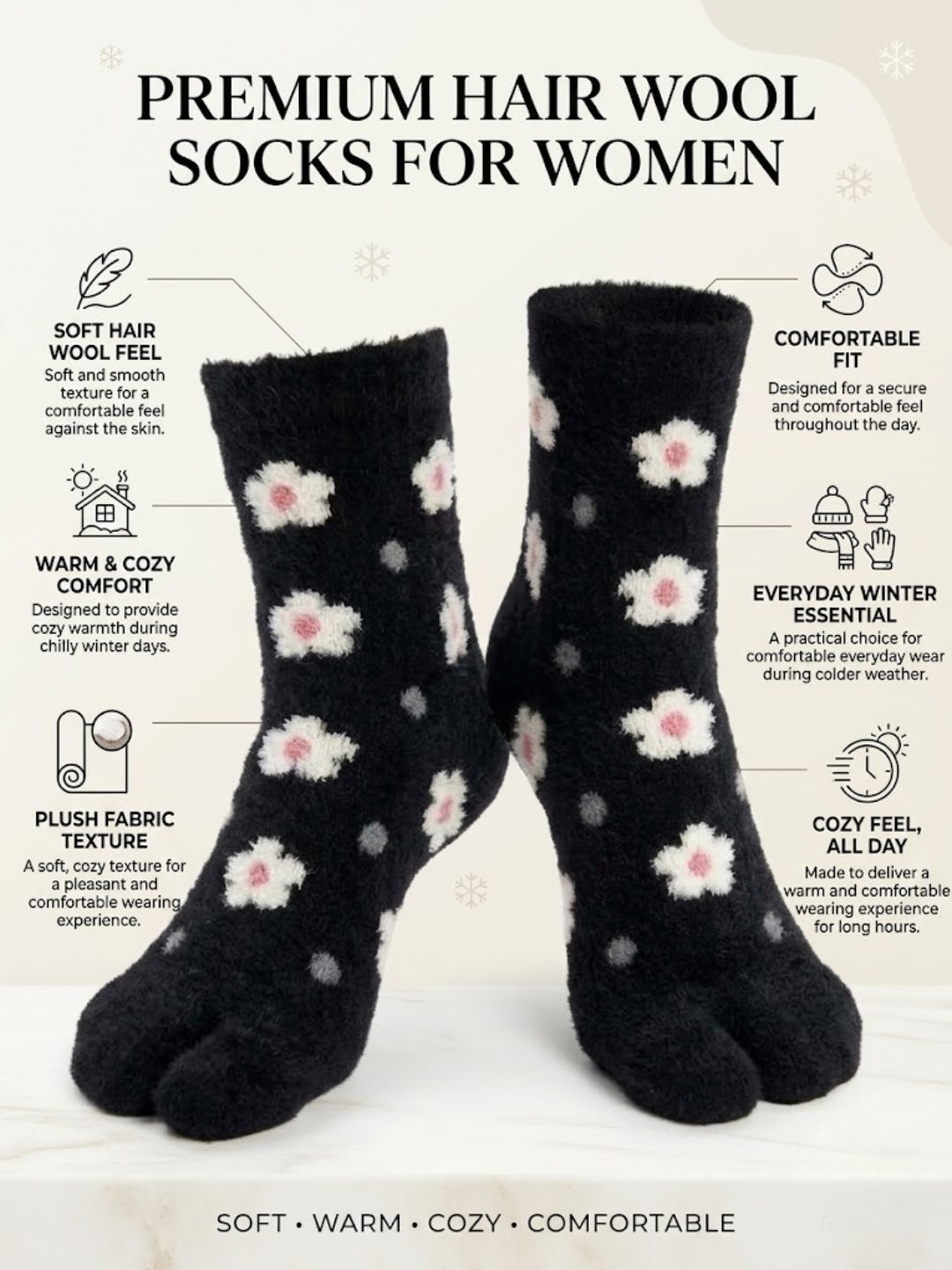 Cdeck Premium Rabbit Wool Socks for Women | Purple & Black Floral Combo |  Free Size