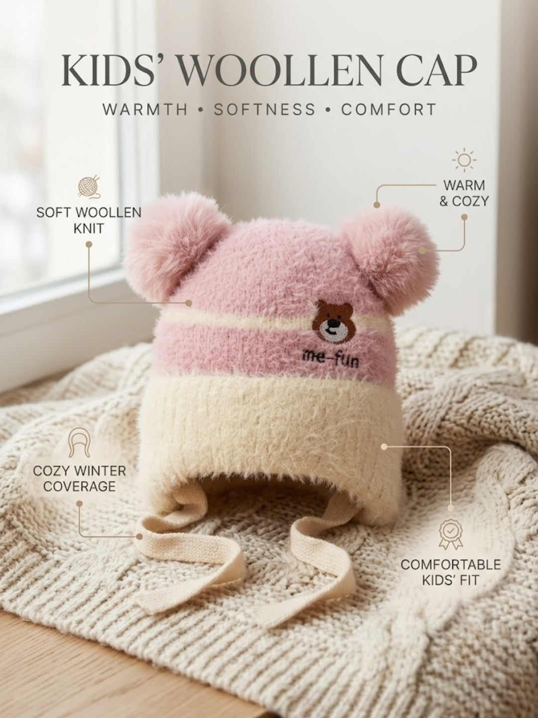 Cdeck Kids Woolen Winter Cap for Boys & Girls | Warm & Comfortable Winter Wear | 2–4 Years | Pink