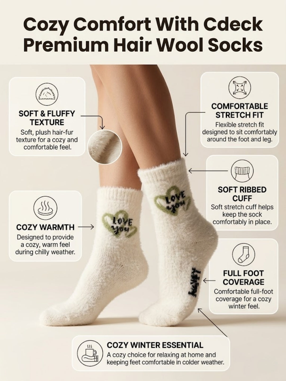 Cdeck Women’s Soft & Warm Fuzzy Winter Socks Heart Design | Cozy Comfortable Fluffy Socks | Free Size | Cream