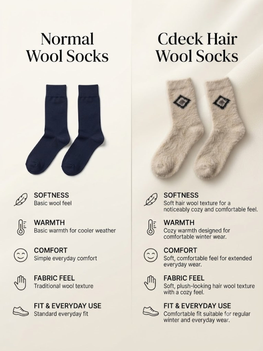 Cdeck Men’s Hair Wool Winter Socks | 2 Pair Set | Soft, Warm & Stretchable | Universal Fit for Adults | Black & Cream