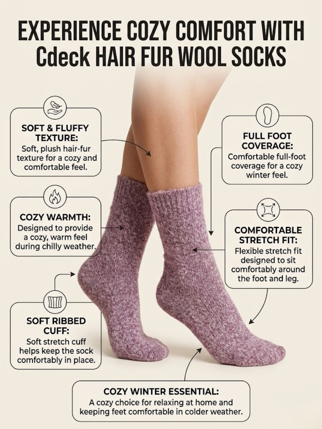 Cdeck Women’s Premium Fuzzy Socks – Soft Warm Winter Socks | Ribbed Design | Free Size | Purple