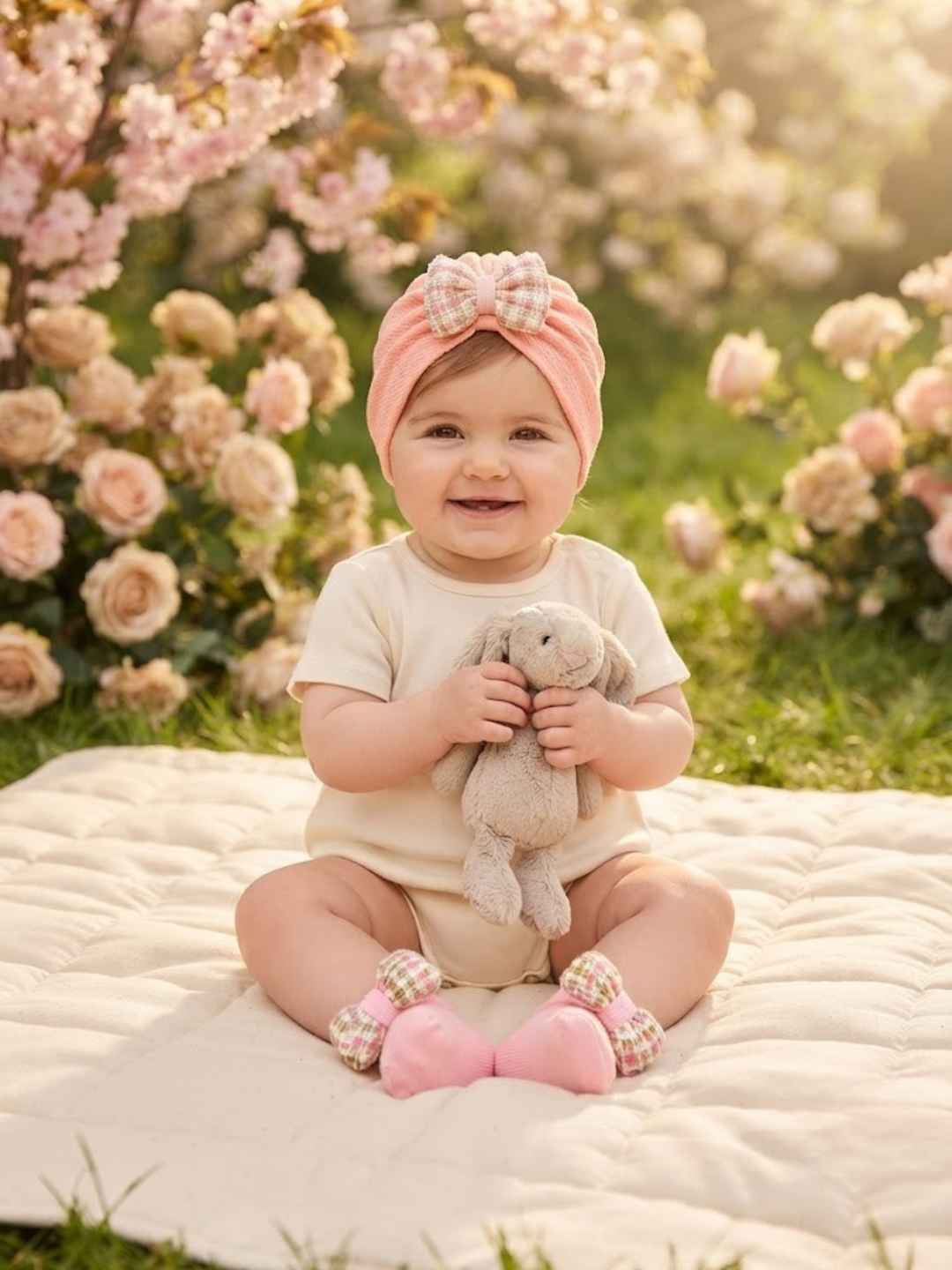 Cdeck Pure Cotton Baby Socks and Cap Set | Soft Pink Floral Bow Design | Comfortable Newborn Accessories