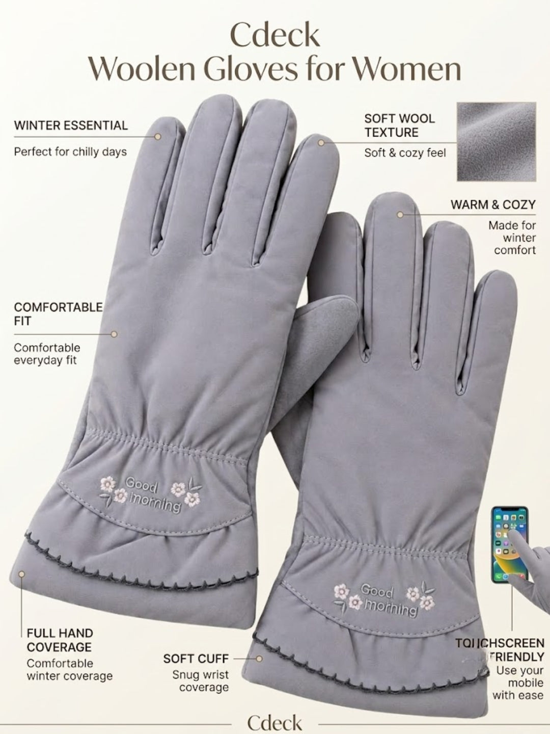 Cdeck Women’s Woolen Gloves | Warm Winter Gloves | Touchscreen Friendly | Free Size | Grey