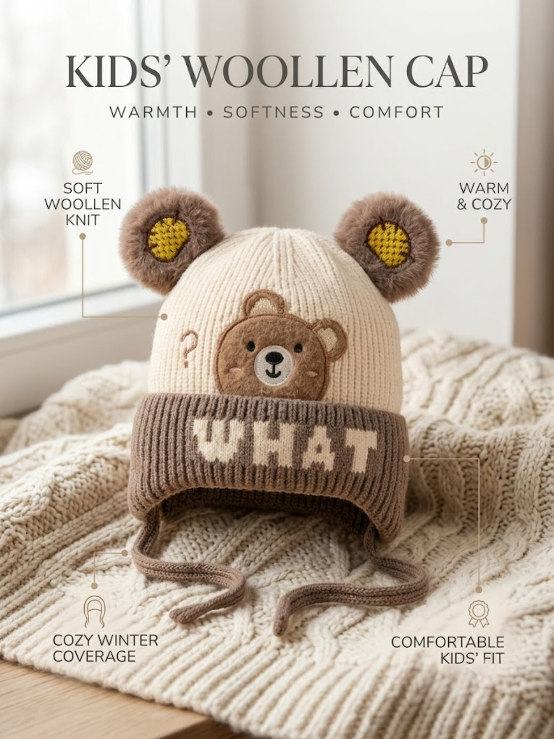 Cdeck Kids Woolen Winter Cap for Boys & Girls | Warm & Comfortable Winter Wear | 2–4 Years | Brown