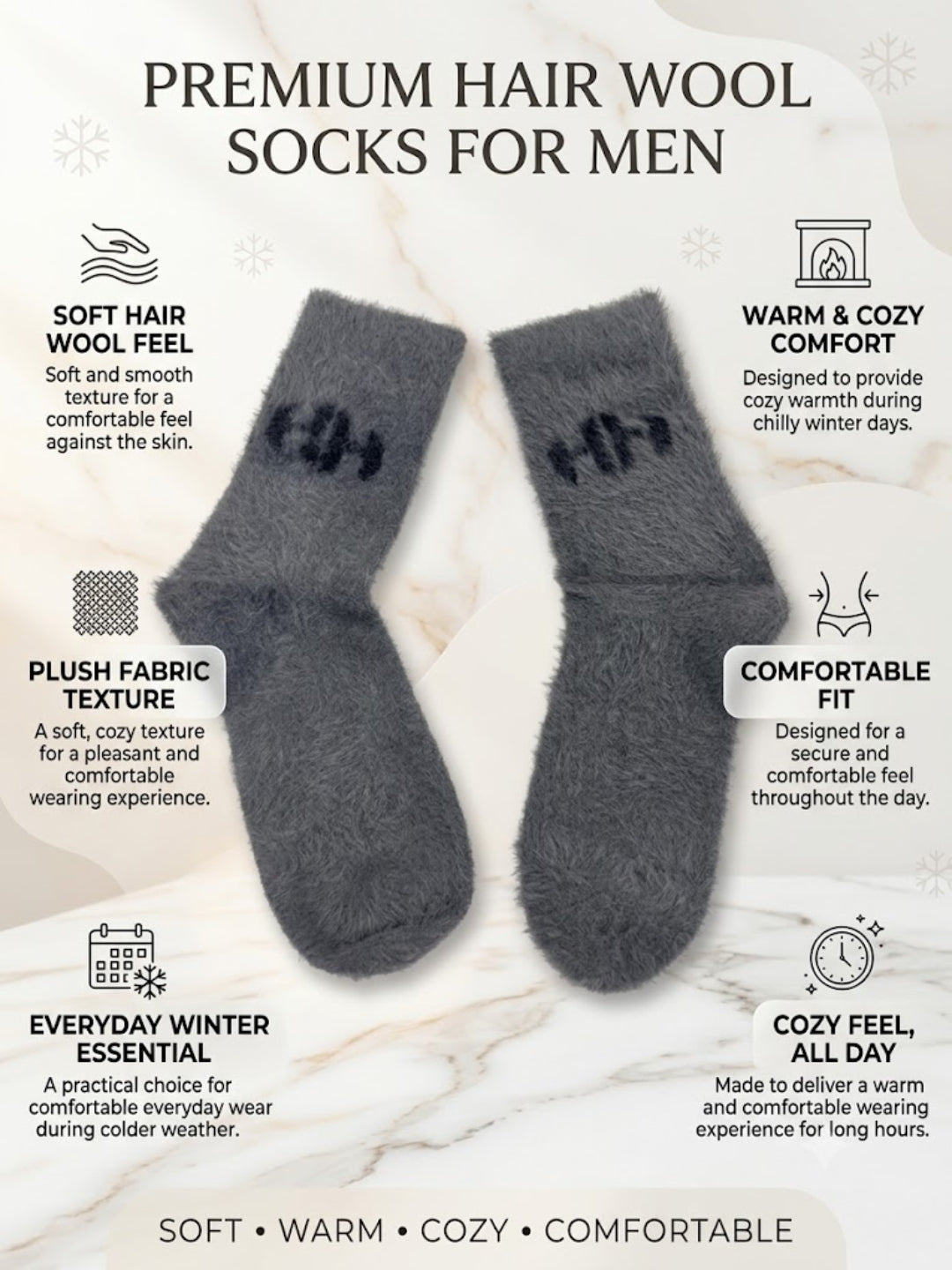 Cdeck Men’s Hair Wool Winter Socks | 2 Pair Combo | Soft, Warm, Fuzzy & Stretchable | Brown & Grey