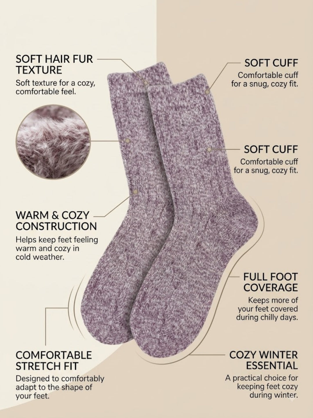 Cdeck Women’s Premium Fuzzy Socks – Soft Warm Winter Socks | Ribbed Design | Free Size | Purple