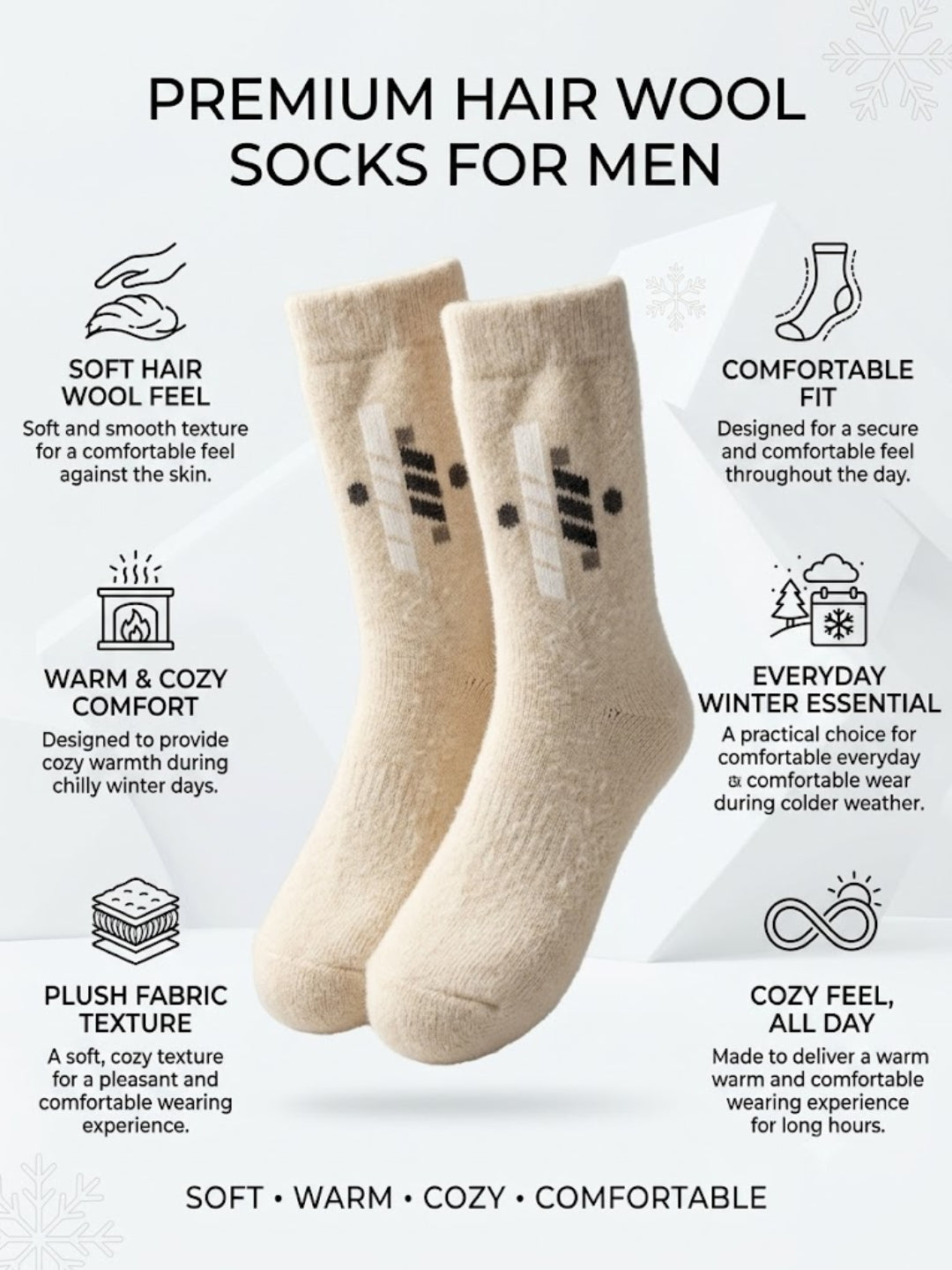 Cdeck Men’s Premium Hair Wool Winter Socks | Soft, Fuzzy, Warm & Comfortable | Cream White | Free Size