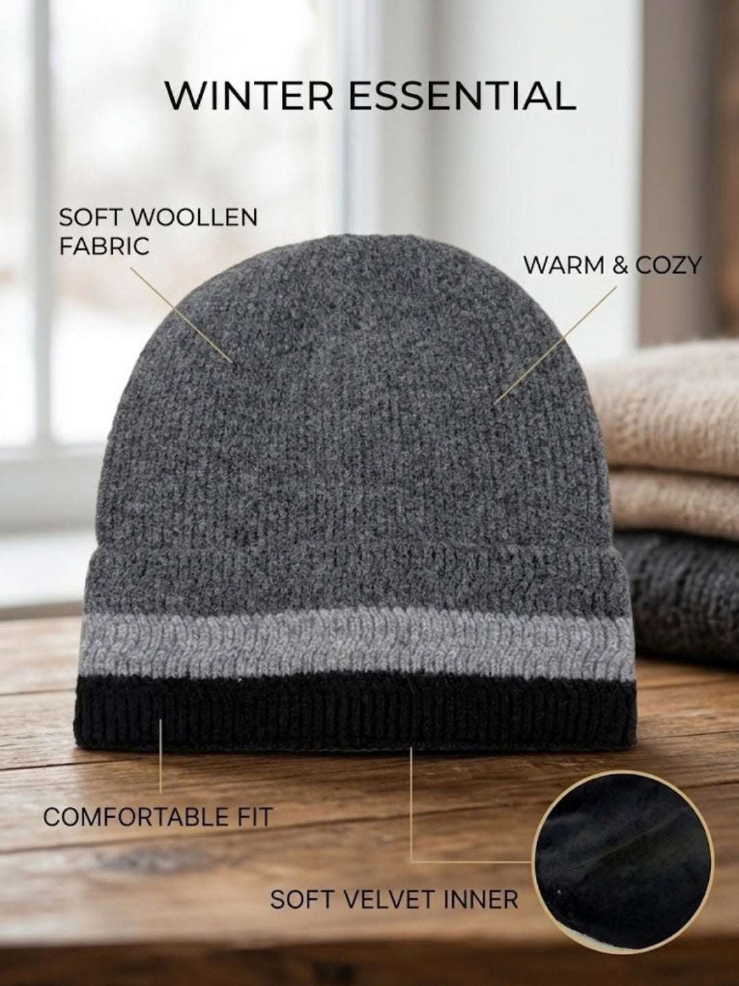 Cdeck Men’s Woolen Winter Cap | Soft, Warm & Comfortable Cap for Everyday Wear | Free Size | Grey