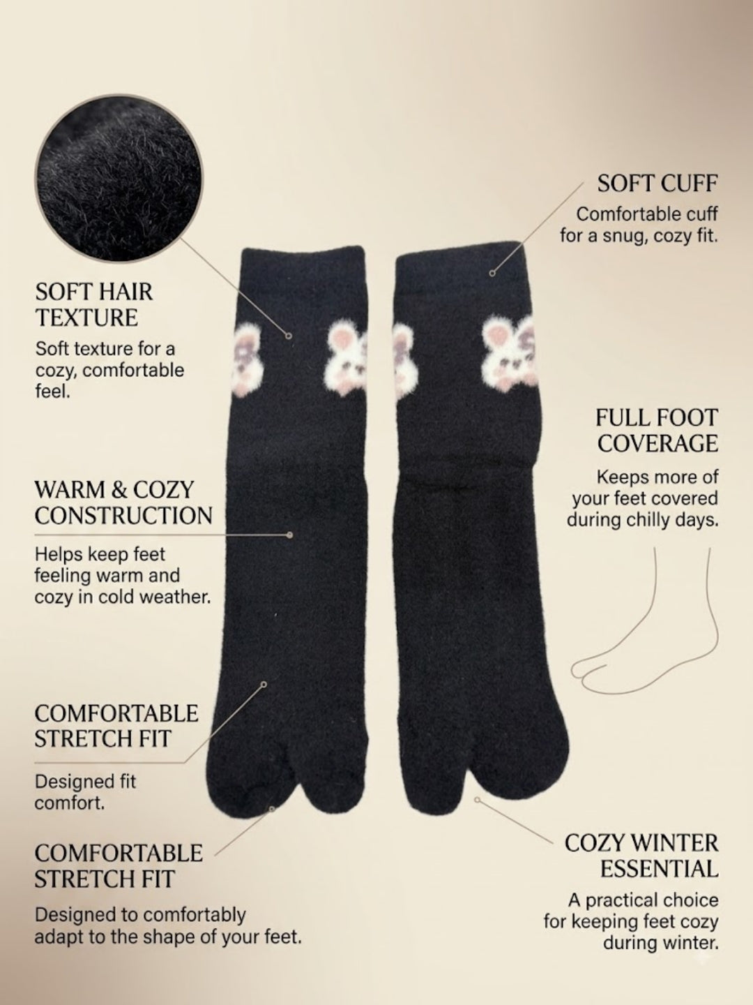 Cdeck Women’s Premium Soft Fuzzy Cute Animal Split-Toe Warm Winter Socks – Cozy Plush Free Size | Black