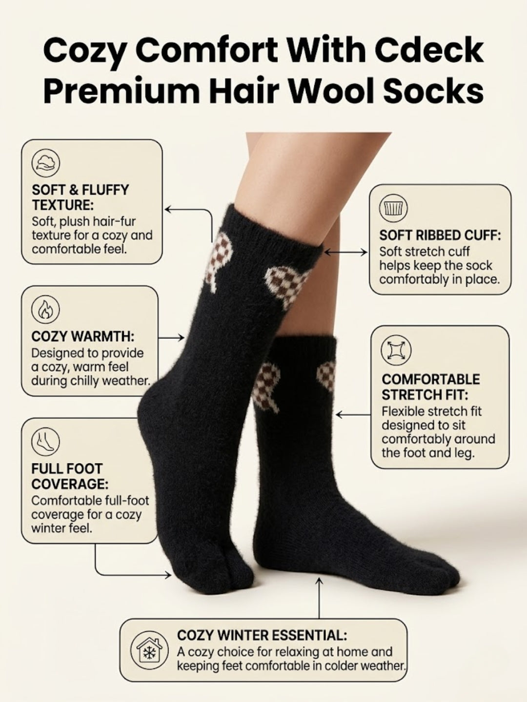 Cdeck Women’s Premium Fuzzy Split-Toe Socks – Cute Bunny Design | Warm Winter Socks | Free Size | Black