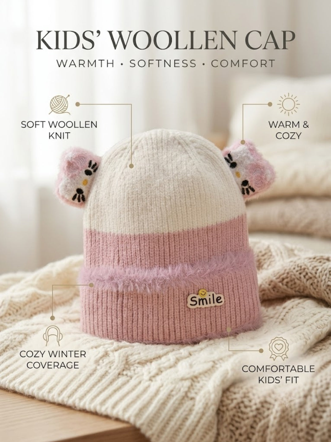 Cdeck Kids Woolen Winter Cap for Boys & Girls | Warm & Comfortable Winter Wear | 2–4 Years | Pink