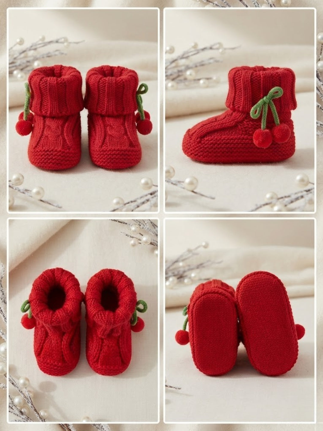 Cdeck Baby Wool Booties with Cherry Pom-Pom Design | Soft Knitted Baby Shoes | Cute Red Booties for Babies 0–9 Months