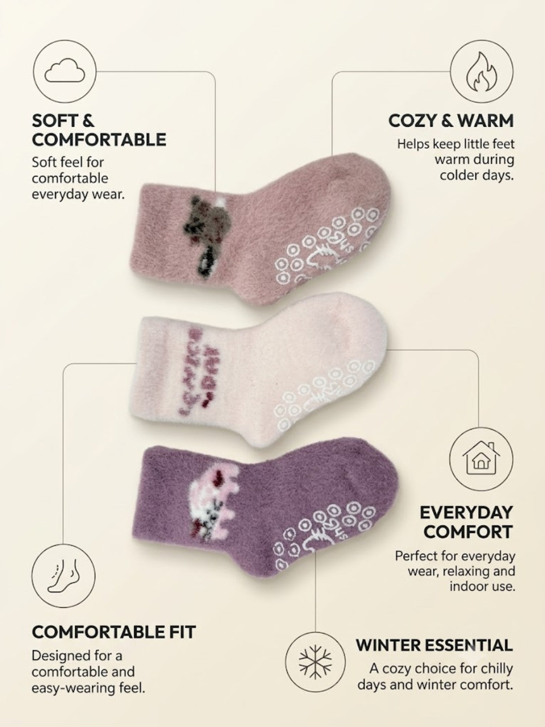 Cdeck Kids Premium Hair Wool Socks | Soft & Warm Winter Socks for Boys & Girls | 3 Pack | 0–4 Years | Multicolor