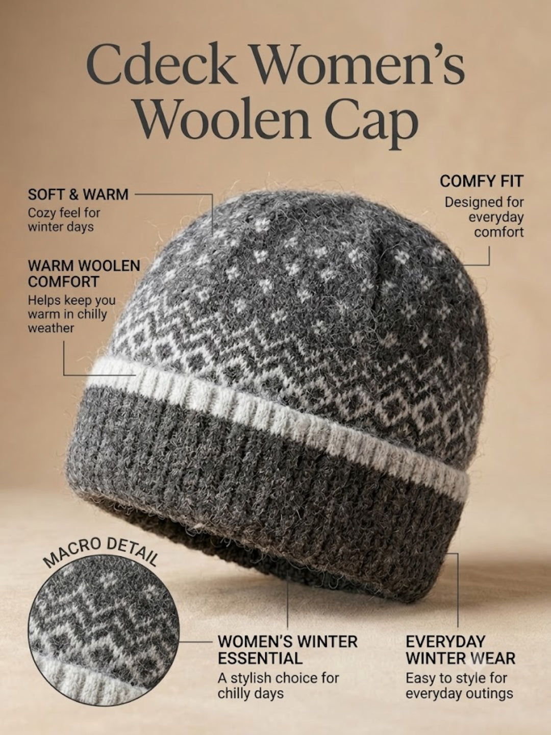 Cdeck Women Woolen Cap | Soft Knitted Winter Beanie for Women | Warm & Stylish Winter Wear | Free Size