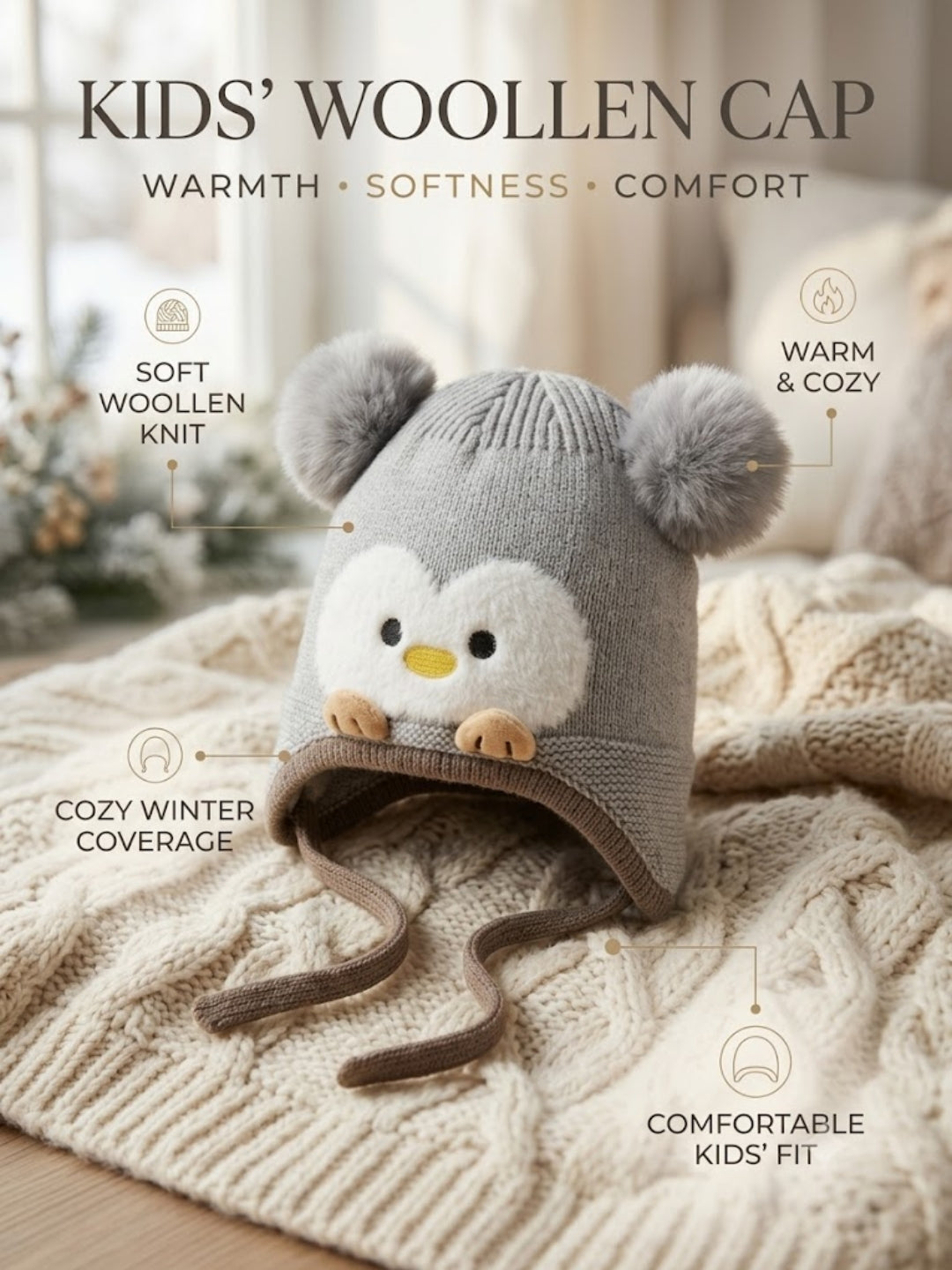 Cdeck Kids Woolen Winter Cap for Boys & Girls | Warm & Comfortable Winter Wear | 2–4 Years |Grey