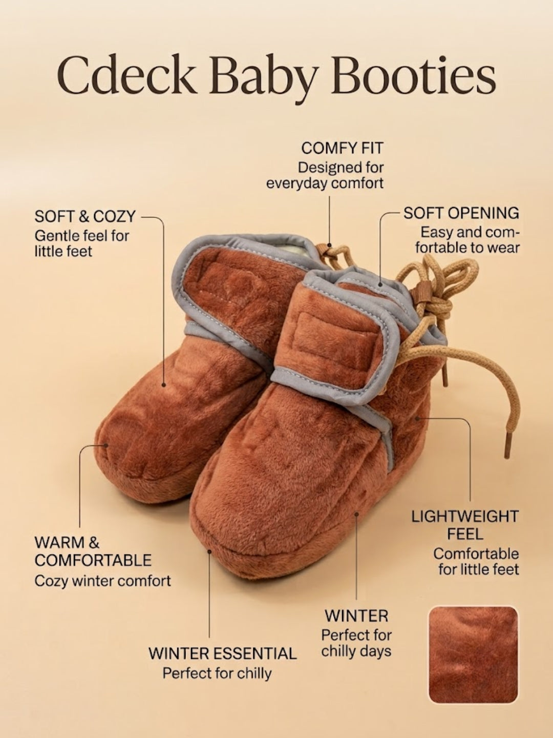 Cdeck Woolen Baby Booties for kids| Soft, Warm & Comfortable Winter Footwear | 3–9 Months | brown