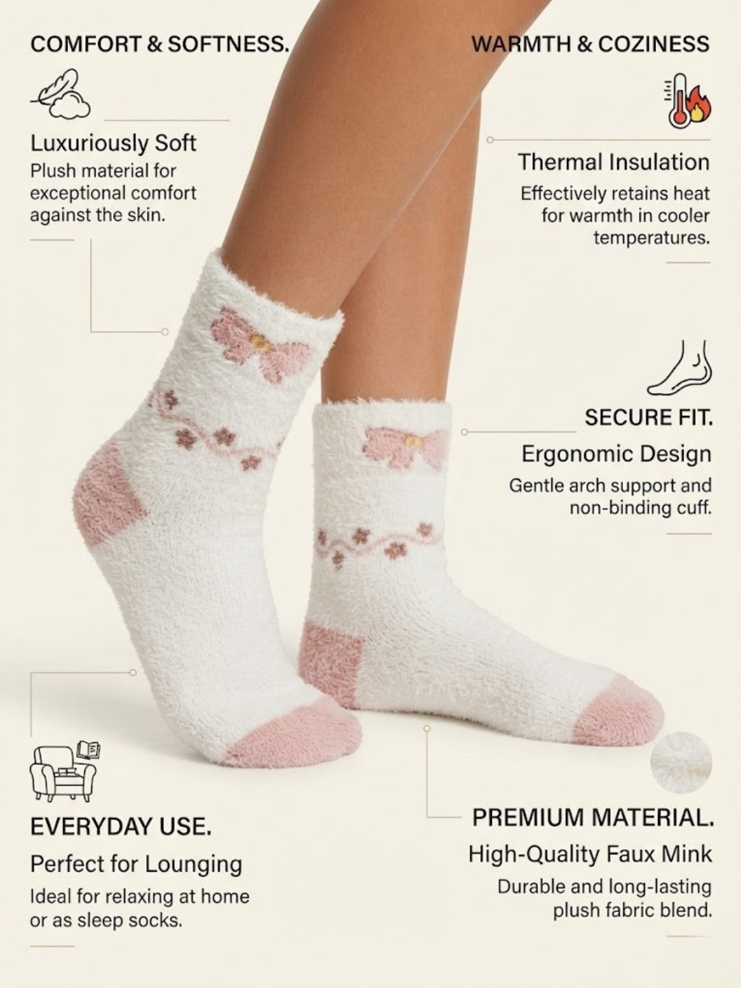 Cdeck Rabbit Hair Wool Socks for Women, 2 Pairs Fuzzy Warm Winter Socks with Cute Rabbit and Floral Pattern