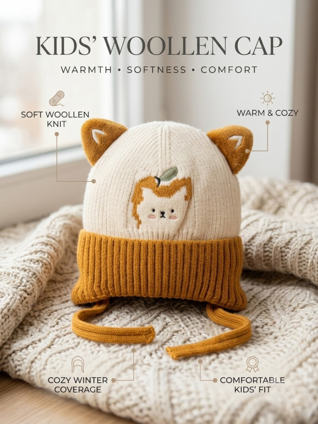 Cdeck Kids Woolen Winter Cap for Boys & Girls | Warm & Comfortable Winter Wear | 2–4 Years | Yellow