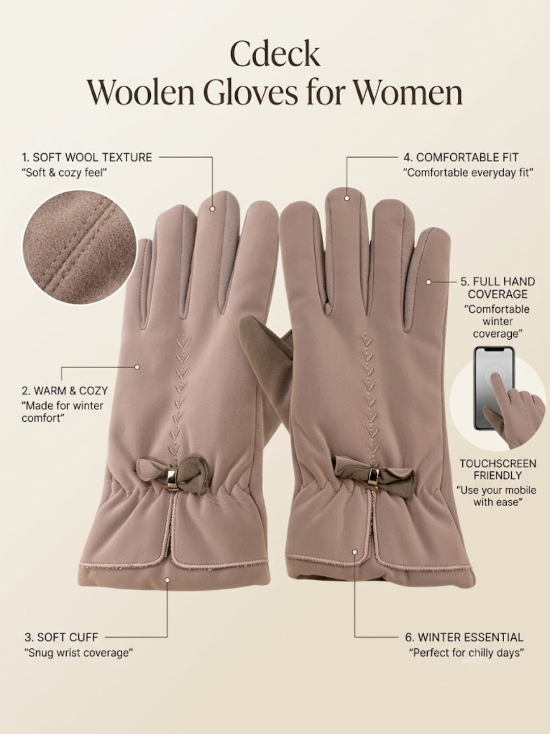 Cdeck Women’s Woolen Gloves | Warm & Stylish Winter Gloves | Screen Friendly | Full Finger | Free Size | Beige
