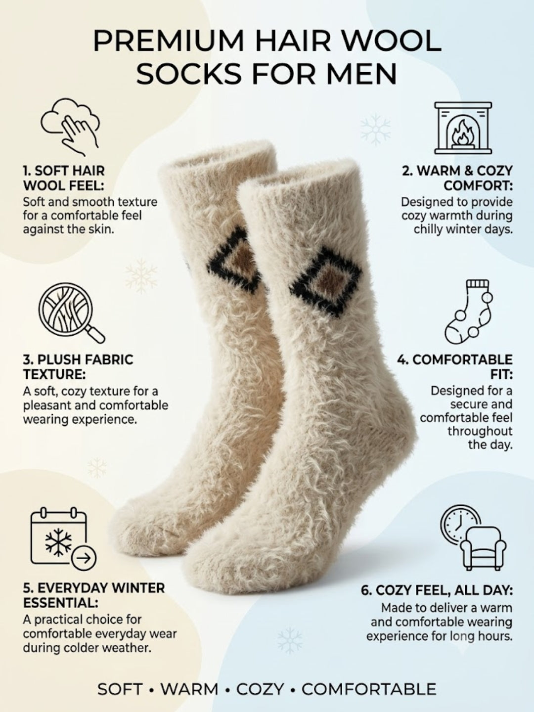 Cdeck Men’s Premium Hair Wool Winter Socks  | Soft, Fuzzy, Warm & Comfortable Free Size | White