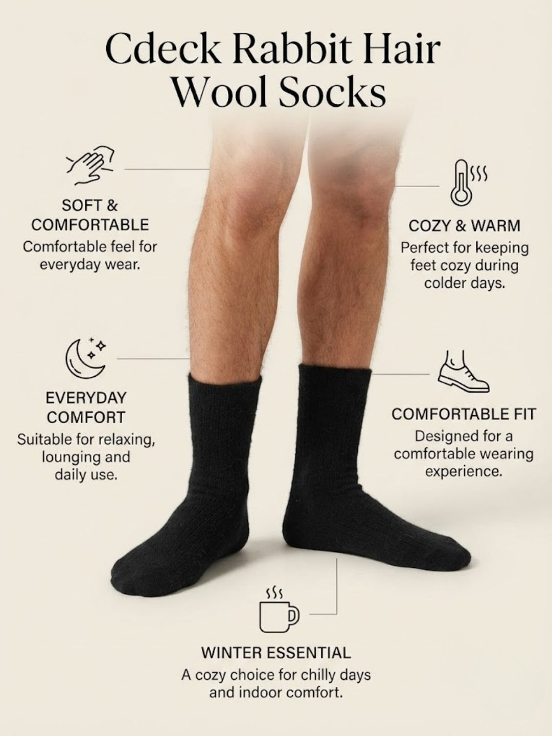 Cdeck Unisex Woolen Winter Socks | Soft Warm Wool Socks for Men & Women | Cozy Comfortable Winter Socks | Full Length | Black