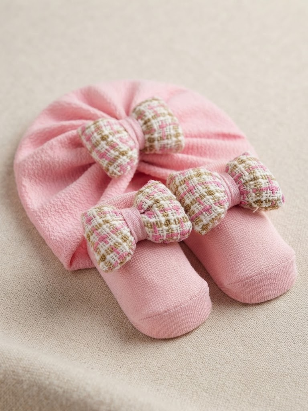 Cdeck Pure Cotton Baby Socks and Cap Set | Soft Pink Floral Bow Design | Comfortable Newborn Accessories
