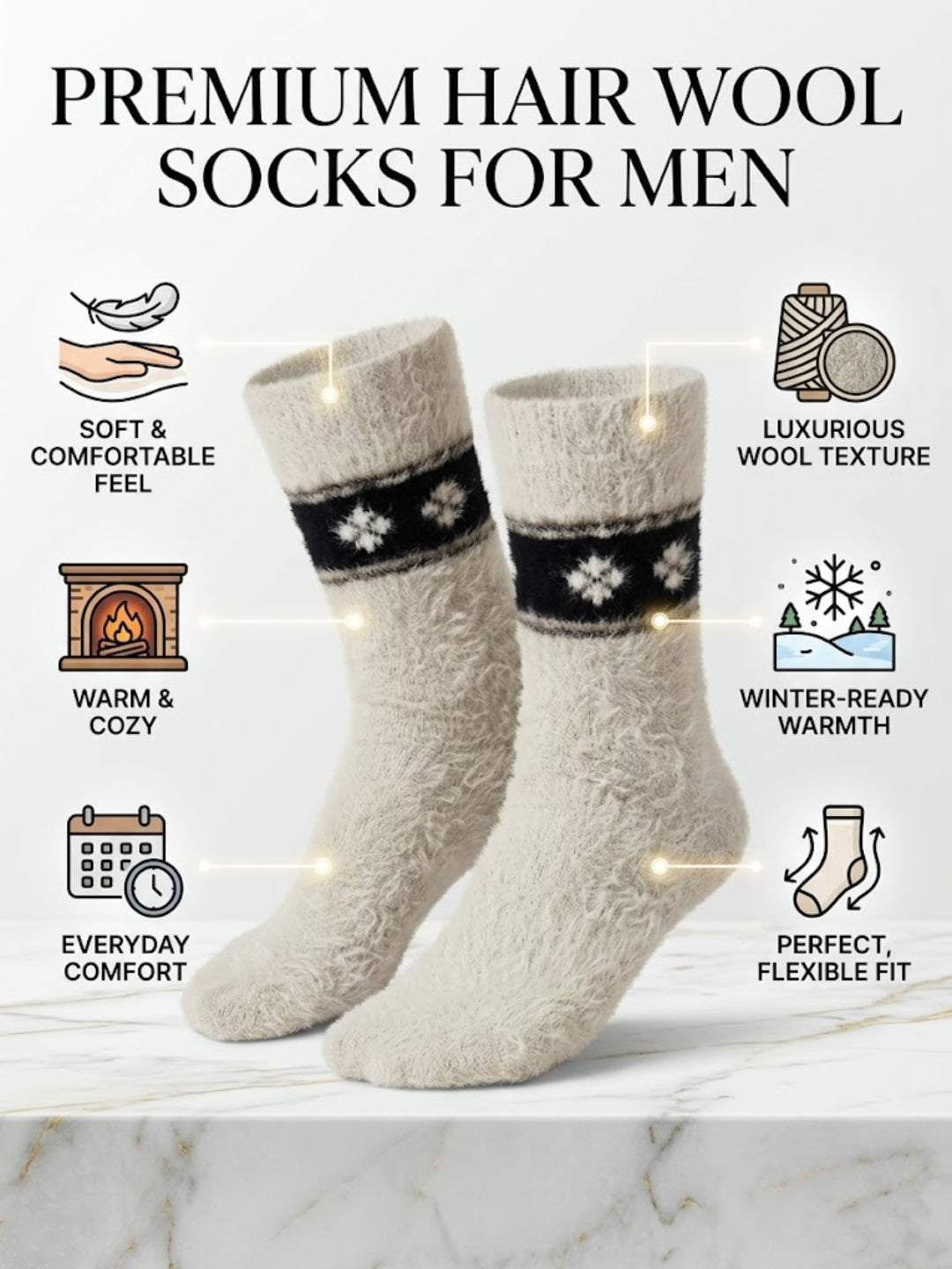 Cdeck Men’s Premium Fuzzy Wool Winter Socks | Soft, Warm & Comfortable | Stretchable Free Size | Cream
