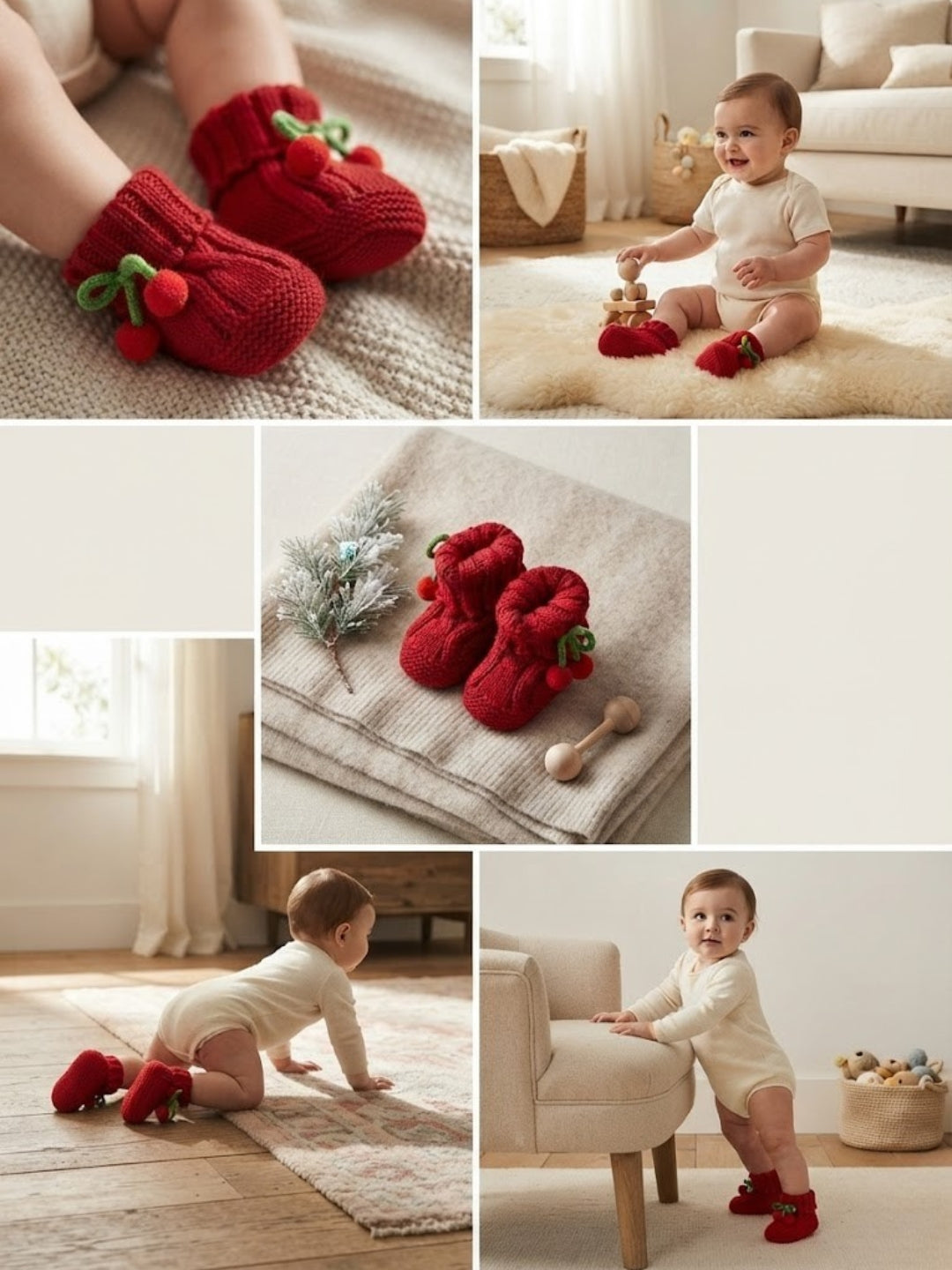 Cdeck Baby Wool Booties with Cherry Pom-Pom Design | Soft Knitted Baby Shoes | Cute Red Booties for Babies 0–9 Months