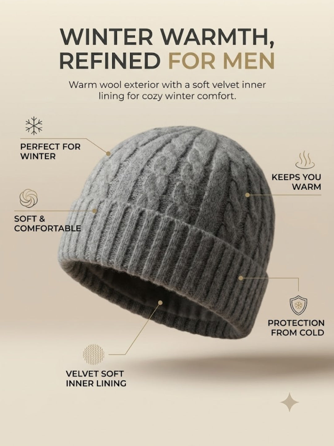 Cdeck Men’s Winter Woolen Cap | Ribbed Knit Beanie | Free Size | Soft & Warm | Grey