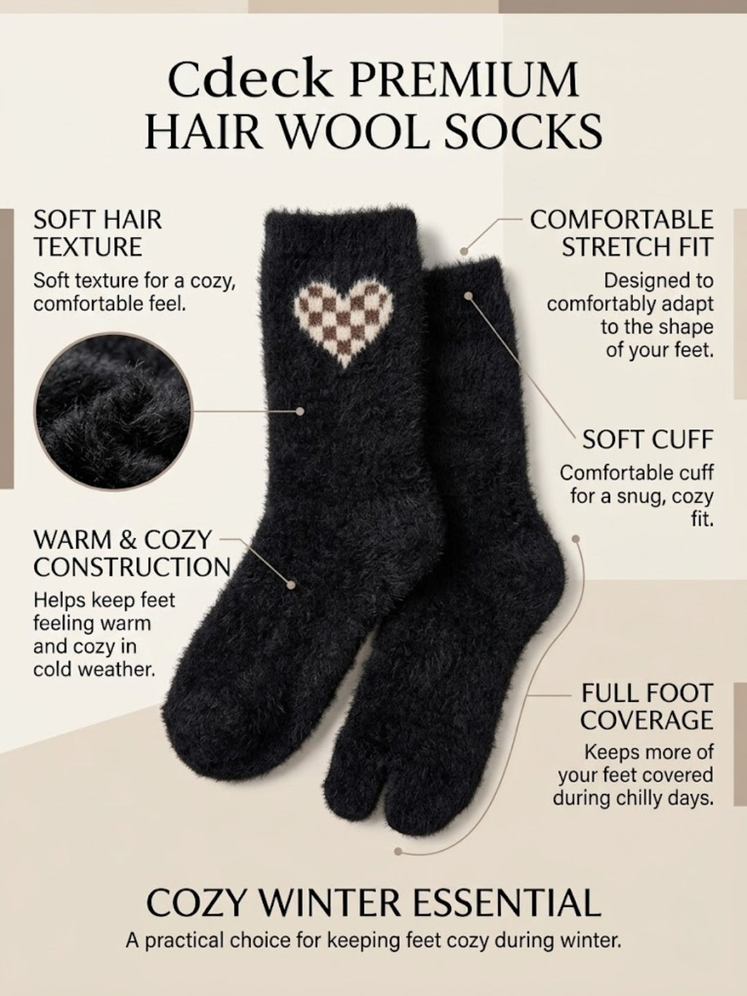 Cdeck Women’s Premium Fuzzy Split-Toe Socks – Cute Bunny Design | Warm Winter Socks | Free Size | Black