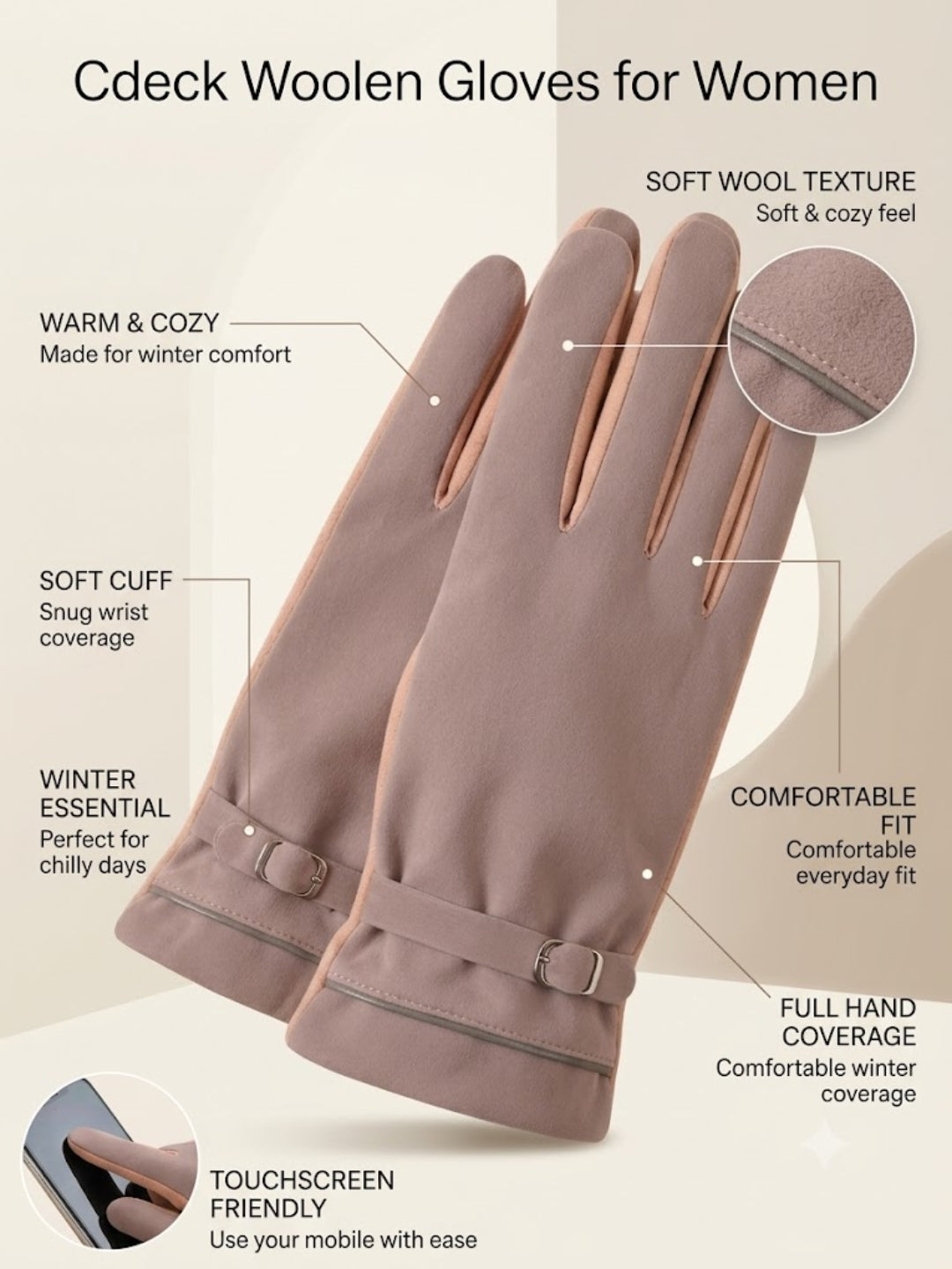 Cdeck Women’s Winter Gloves | Warm & Stylish | Screen Friendly | Full-Finger | Free Size | Dusty Pink