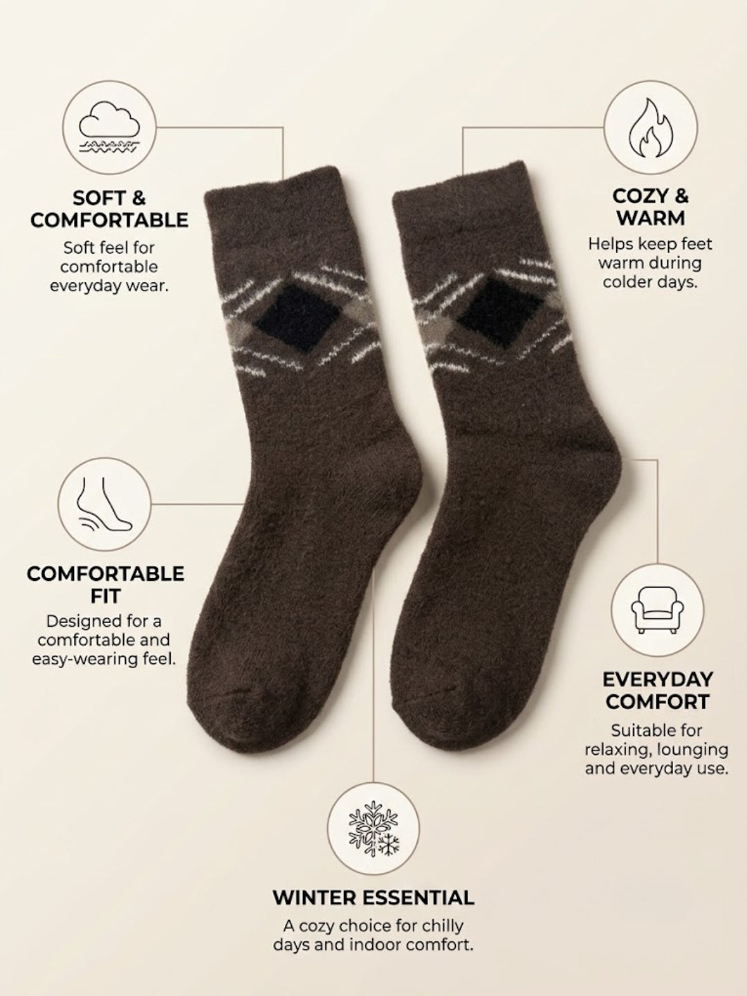 Cdeck Men’s Premium Hair Wool Winter Socks | Soft, Fuzzy, Warm & Comfortable | Dark Brown | Free Size