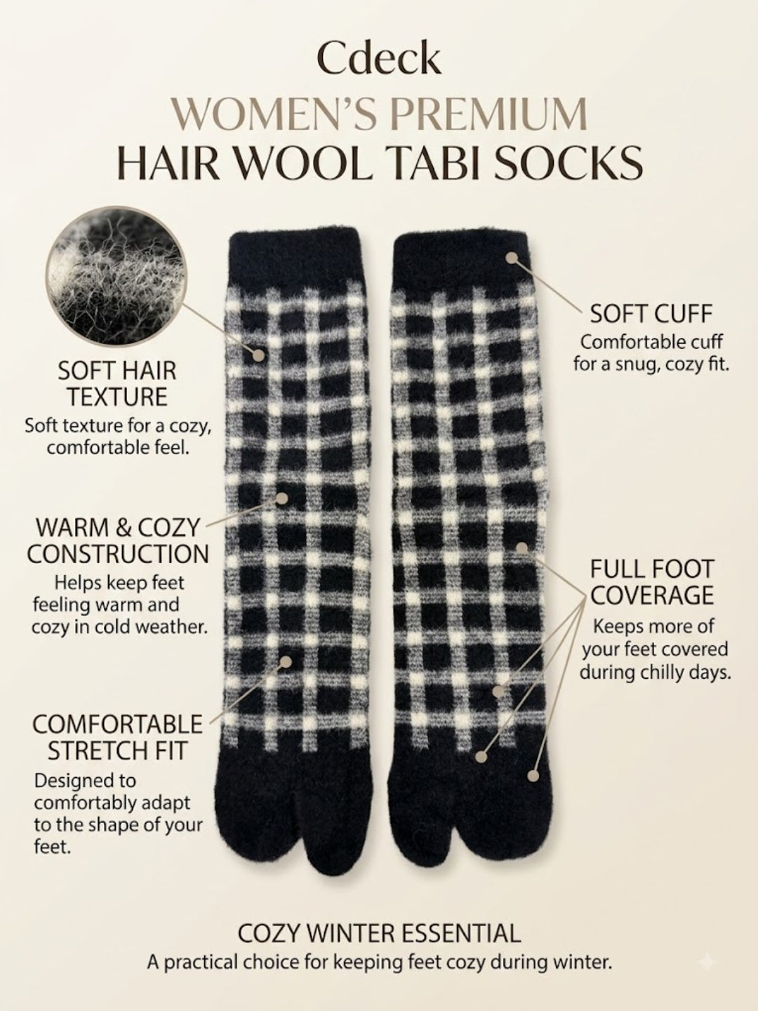 Cdeck Women’s Premium Rabbit Hair Wool Split-Toe Warm Winter Socks | Free Size | Black