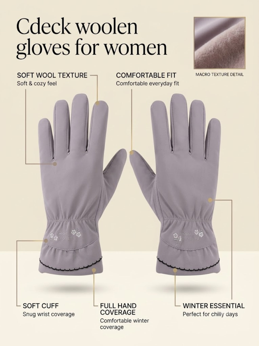 Cdeck Women’s Woolen Gloves | Warm Winter Gloves | Touchscreen Friendly | Free Size | Grey