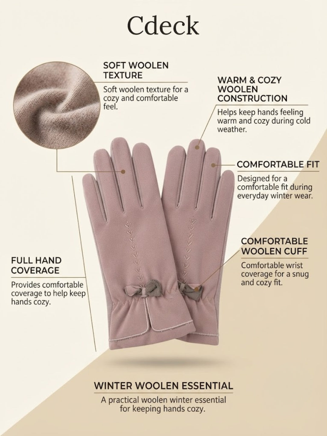 Cdeck Women’s Woolen Gloves | Warm & Stylish Winter Gloves | Screen Friendly | Full Finger | Free Size | Beige